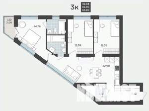 3-к квартира, строящийся дом, 82м2, 7/9 этаж