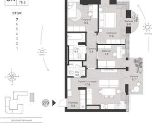 3-к квартира, вторичка, 76м2, 7/7 этаж