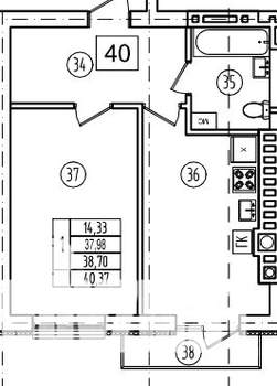 1-к квартира, строящийся дом, 39м2, 6/9 этаж