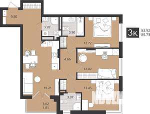 3-к квартира, строящийся дом, 84м2, 2/4 этаж