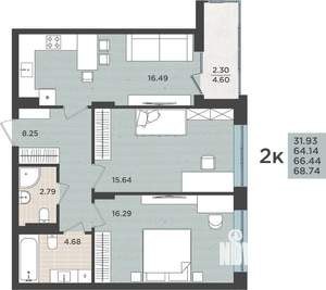 2-к квартира, вторичка, 66м2, 1/8 этаж