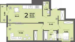 2-к квартира, строящийся дом, 62м2, 6/8 этаж
