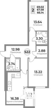 2-к квартира, вторичка, 68м2, 4/10 этаж