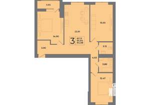 3-к квартира, строящийся дом, 87м2, 4/8 этаж