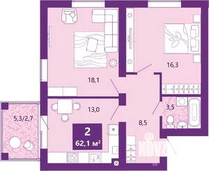 2-к квартира, вторичка, 63м2, 3/4 этаж