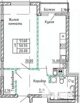 1-к квартира, вторичка, 52м2, 2/9 этаж