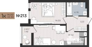 1-к квартира, вторичка, 42м2, 2/10 этаж