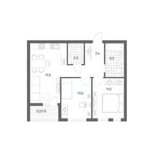 2-к квартира, строящийся дом, 56м2, 2/18 этаж