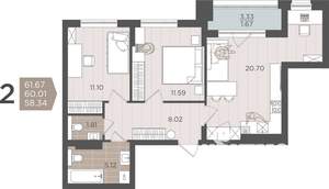2-к квартира, вторичка, 60м2, 2/9 этаж