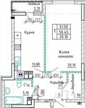 1-к квартира, вторичка, 50м2, 7/9 этаж