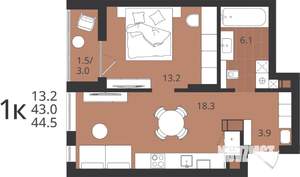 1-к квартира, вторичка, 43м2, 4/9 этаж