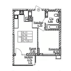 1-к квартира, строящийся дом, 38м2, 5/9 этаж