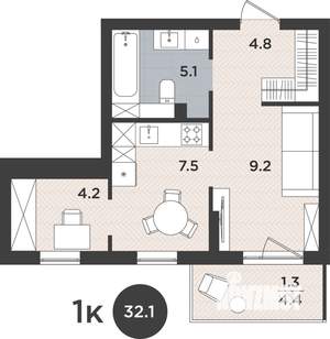 1-к квартира, вторичка, 32м2, 2/9 этаж