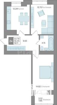 2-к квартира, вторичка, 58м2, 8/9 этаж
