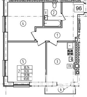 2-к квартира, строящийся дом, 60м2, 6/9 этаж