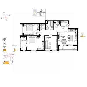 3-к квартира, сданный дом, 111м2, 1/9 этаж