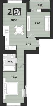 2-к квартира, строящийся дом, 57м2, 4/9 этаж