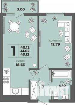 1-к квартира, строящийся дом, 41м2, 2/8 этаж