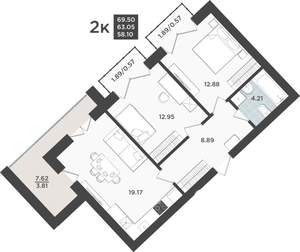 2-к квартира, строящийся дом, 63м2, 9/10 этаж