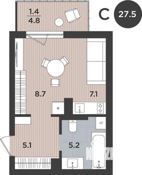1-к квартира, вторичка, 28м2, 7/9 этаж