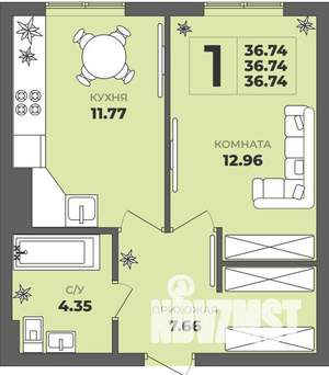 1-к квартира, строящийся дом, 37м2, 1/8 этаж