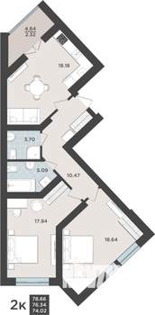 2-к квартира, вторичка, 76м2, 2/10 этаж