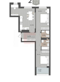 2-к квартира, вторичка, 65м2, 4/9 этаж