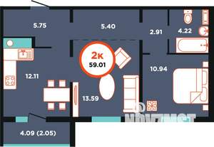 2-к квартира, строящийся дом, 59м2, 4/9 этаж