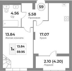1-к квартира, вторичка, 60м2, 7/7 этаж