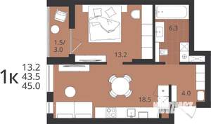1-к квартира, вторичка, 44м2, 2/9 этаж
