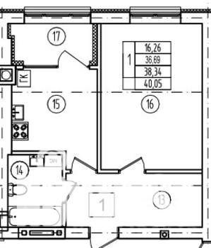 1-к квартира, строящийся дом, 38м2, 1/9 этаж