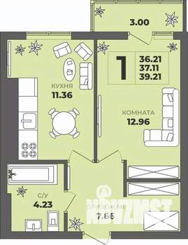 1-к квартира, строящийся дом, 37м2, 8/8 этаж