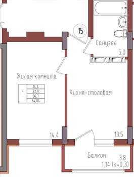 1-к квартира, вторичка, 34м2, 2/9 этаж