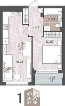 1-к квартира, строящийся дом, 39м2, 1/9 этаж