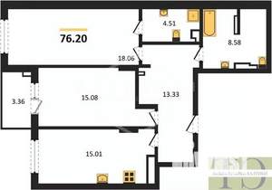 2-к квартира, вторичка, 76м2, 1/4 этаж