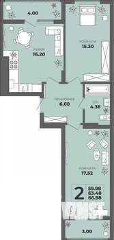 2-к квартира, строящийся дом, 63м2, 5/8 этаж