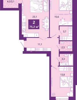 2-к квартира, сданный дом, 76м2, 4/4 этаж
