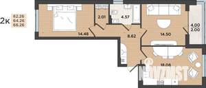 2-к квартира, строящийся дом, 64м2, 1/8 этаж