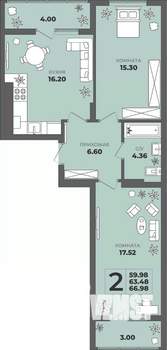 2-к квартира, строящийся дом, 63м2, 5/8 этаж