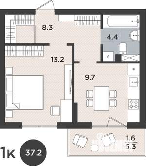 1-к квартира, вторичка, 37м2, 1/9 этаж