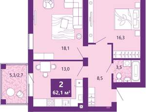 2-к квартира, вторичка, 62м2, 3/4 этаж