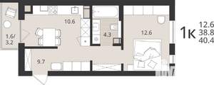 1-к квартира, вторичка, 39м2, 3/9 этаж