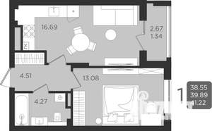 1-к квартира, строящийся дом, 40м2, 1/9 этаж