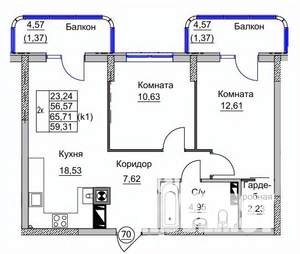 2-к квартира, вторичка, 59м2, 9/9 этаж