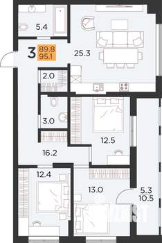 3-к квартира, вторичка, 95м2, 3/16 этаж