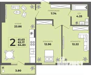 2-к квартира, строящийся дом, 62м2, 1/8 этаж