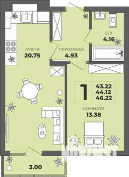 1-к квартира, вторичка, 44м2, 1/8 этаж