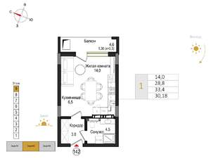 1-к квартира, вторичка, 30м2, 9/9 этаж