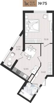 1-к квартира, вторичка, 44м2, 2/9 этаж