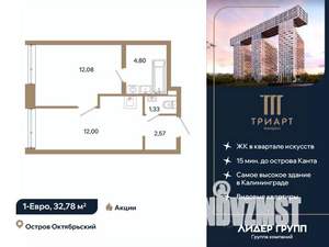 1-к квартира, вторичка, 33м2, 3/12 этаж